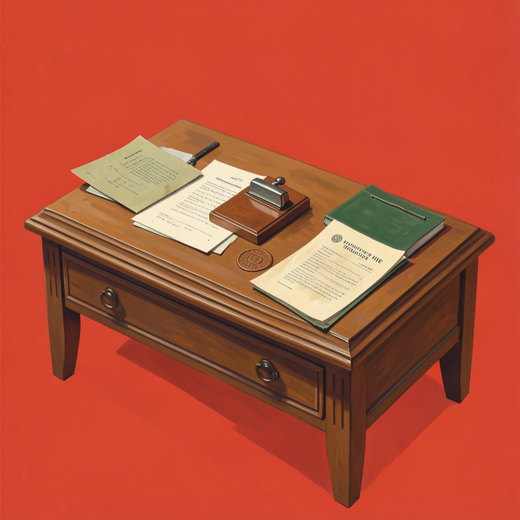 Soft matte gouache painting of a wooden notary desk with a rectangular self-inking stamp, embossed seal, and scattered documents in cream, forest green, and warm sepia tones, evoking a quiet professional office.