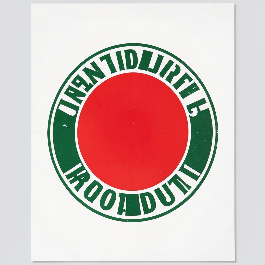 Circular green stamp logo with bold lettering on a matte white poster background