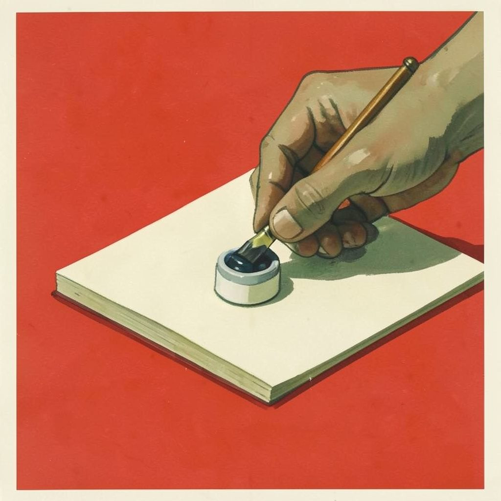 Soft matte poster painting of an ink pad pressing onto cream stationery, warm green and charcoal tones, no text or logos